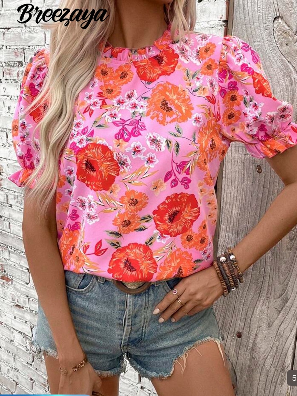 Floral Pink & Orange Short Sleeve Top